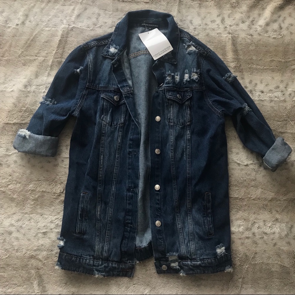 Naked Wardrobe Distressed Long Jean Jacket NEW
